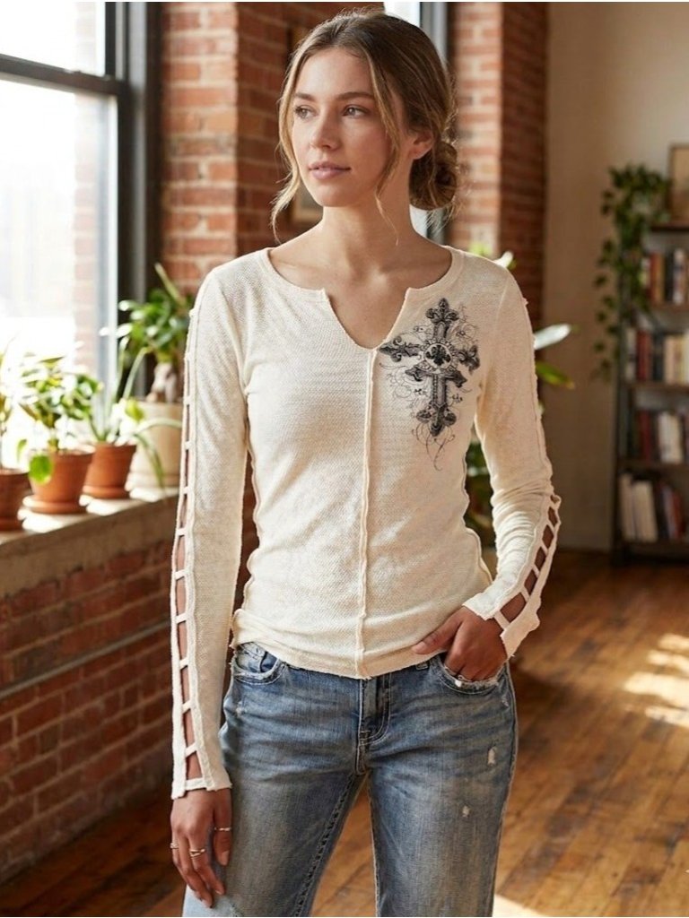 Vtg Y2k Affliction Womens Long Sleeve Cutout Cream Shirt Grunge Emo Mcbling Sz M
